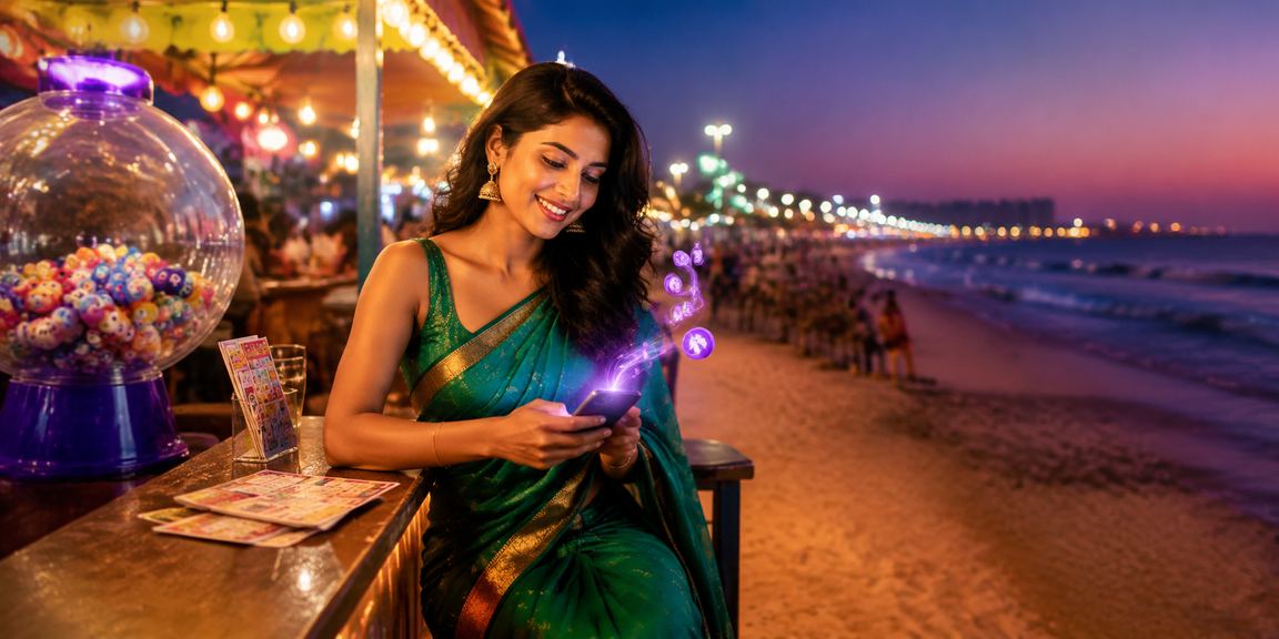 Chennai Marina Beach serene view with lottery tickets and gaming theme