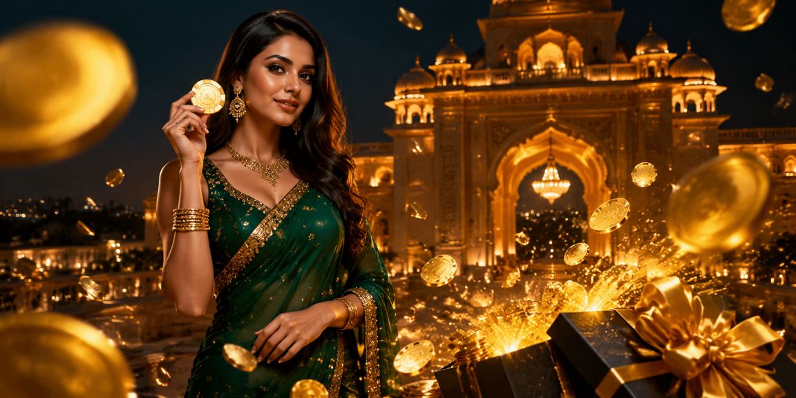 Woman celebrating registration bonus with festive saree