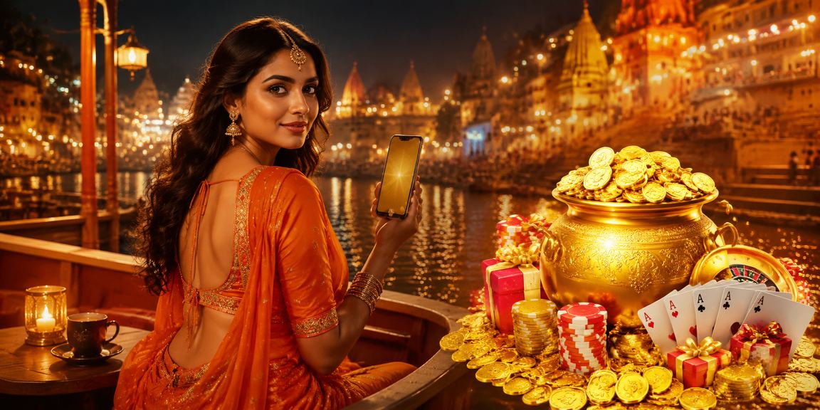 Varanasi Ghat with festive red and gold decorations, symbolizing careful gaming